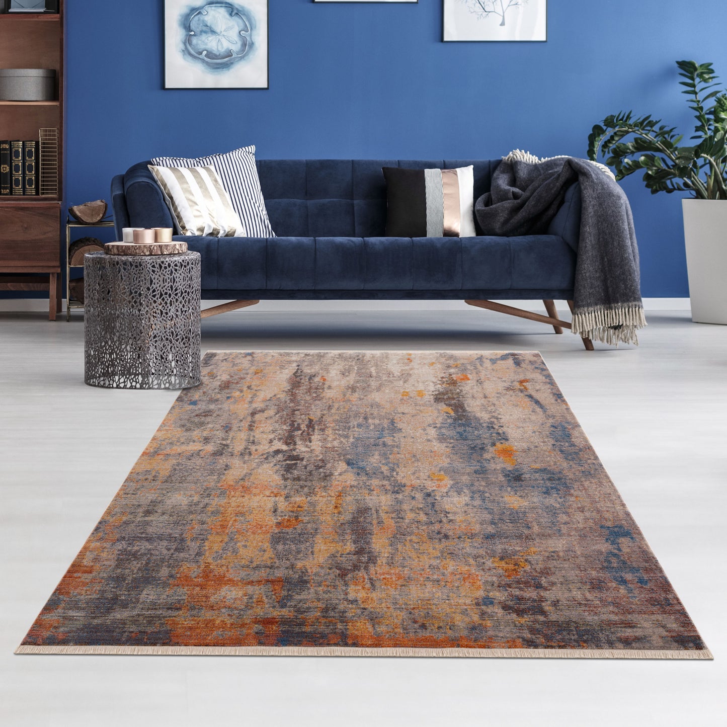 9 X 12' Gray Beige Blue And Yellow Abstract Power Loom Distressed Stain Resistant Area Rug