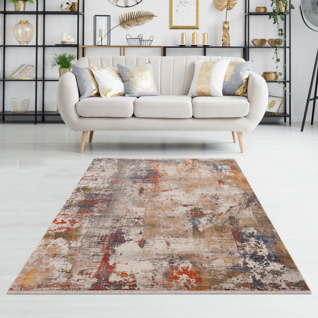 4' X 6' Gray And Ivory Abstract Power Loom Distressed Stain Resistant Area Rug