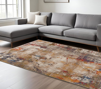 8' X 10' Gray And Ivory Abstract Power Loom Distressed Stain Resistant Area Rug