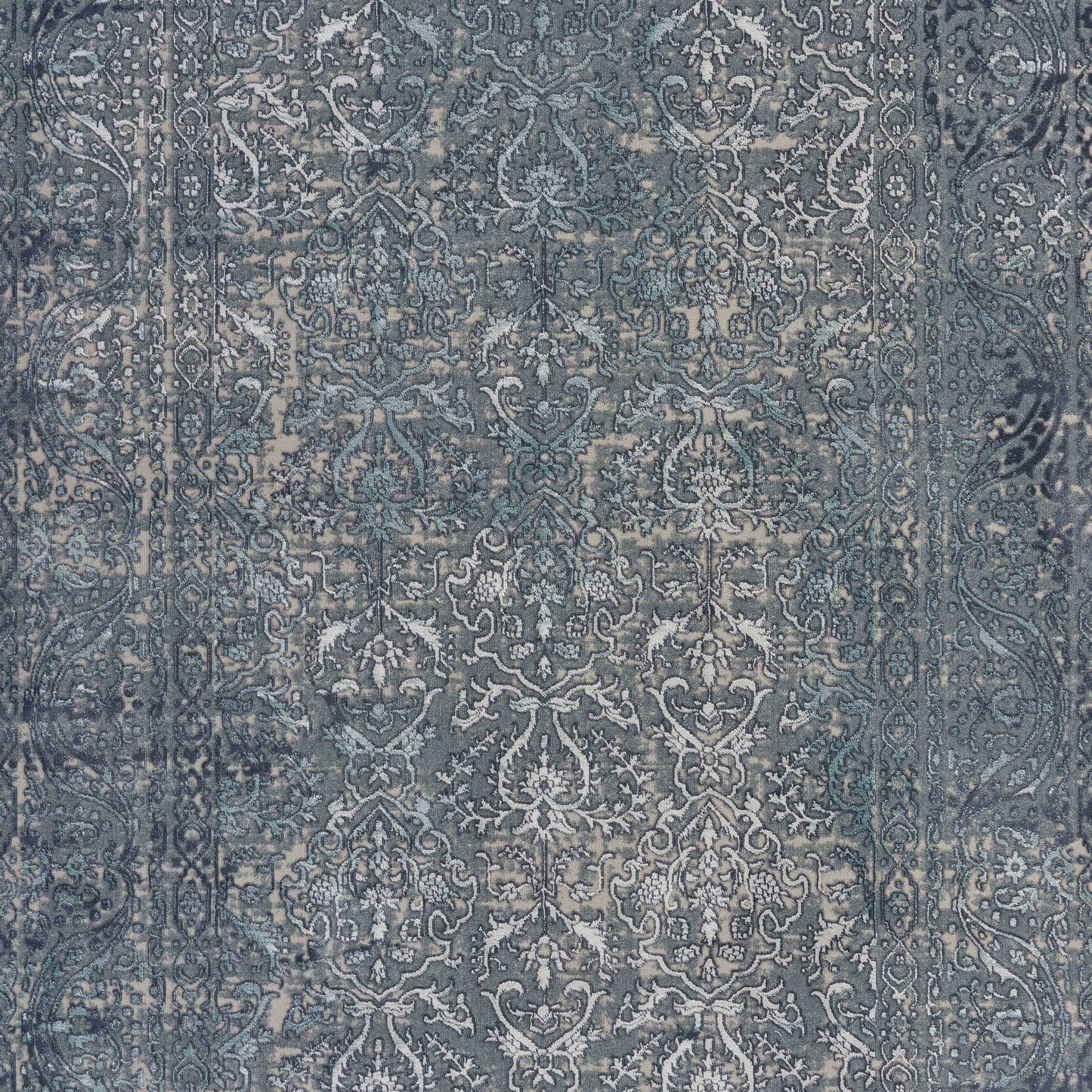 5' X 8' Blue Silver Gray And Cream Damask Distressed Stain Resistant Area Rug