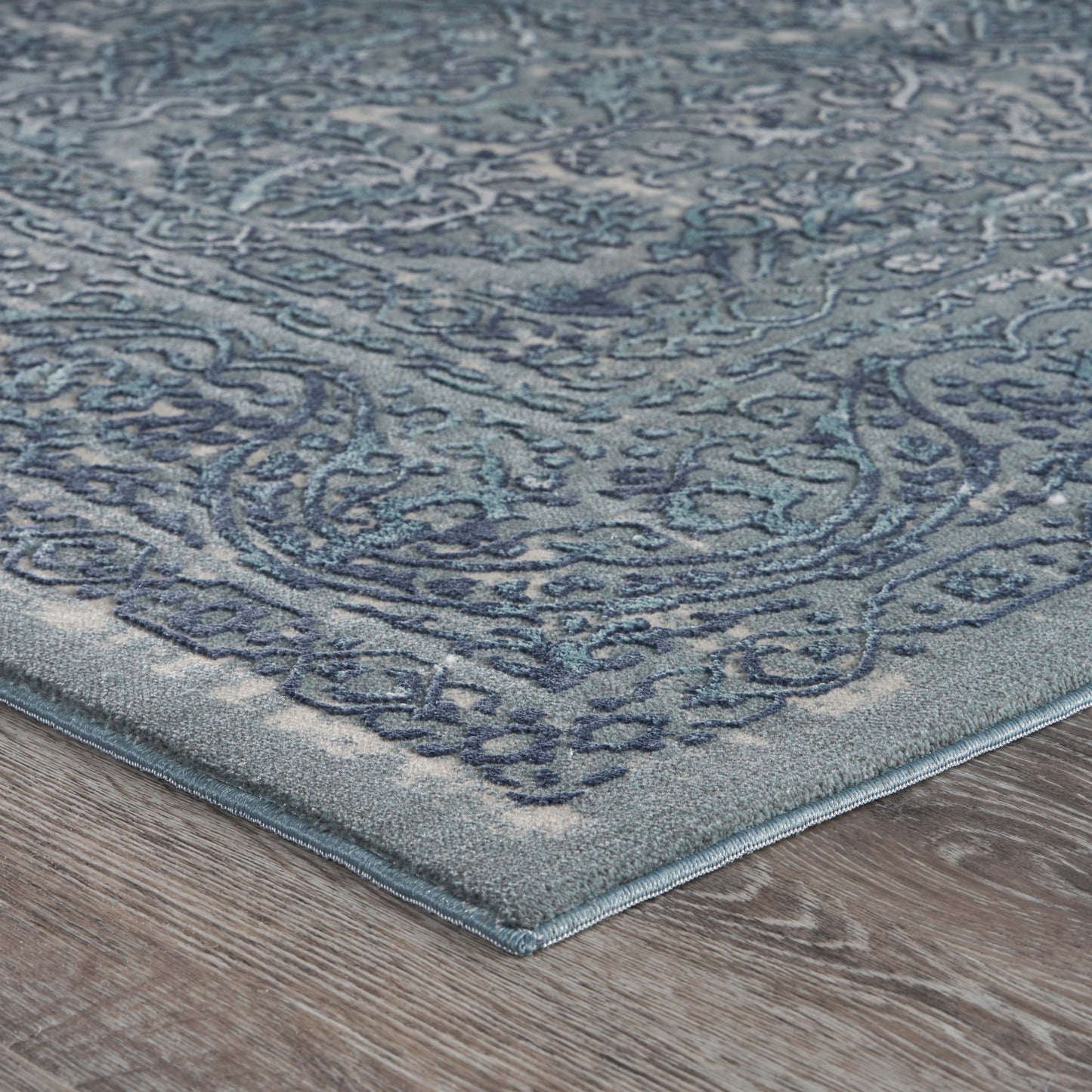 5' X 8' Blue Silver Gray And Cream Damask Distressed Stain Resistant Area Rug