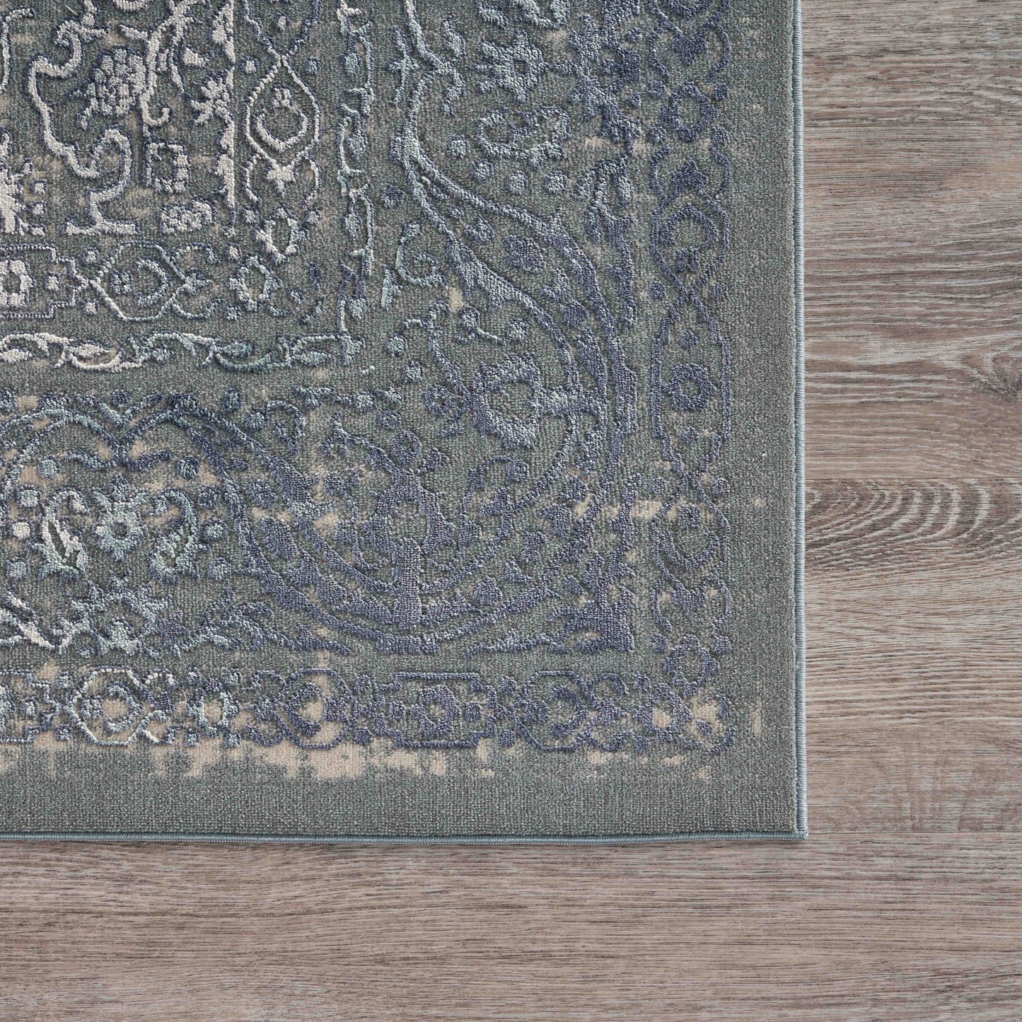 5' X 8' Blue Silver Gray And Cream Damask Distressed Stain Resistant Area Rug