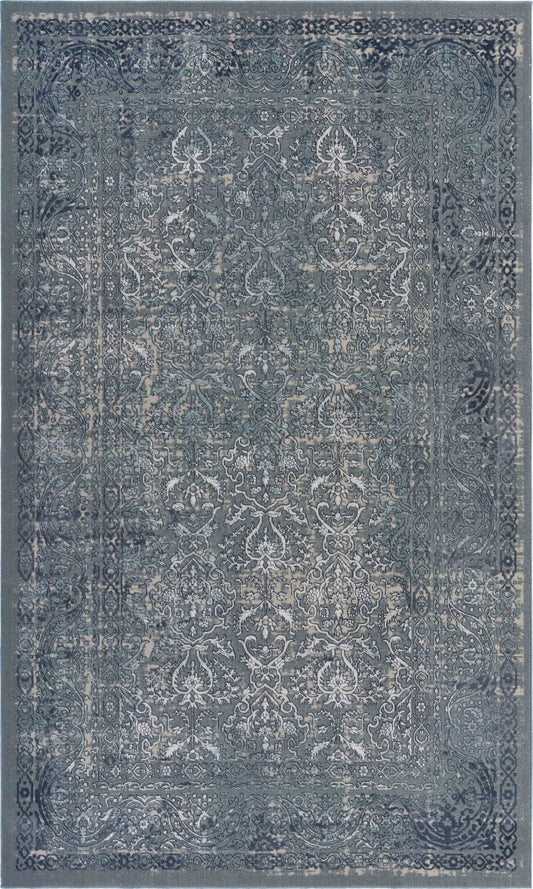 8' X 11' Blue Silver Gray And Cream Damask Distressed Stain Resistant Area Rug