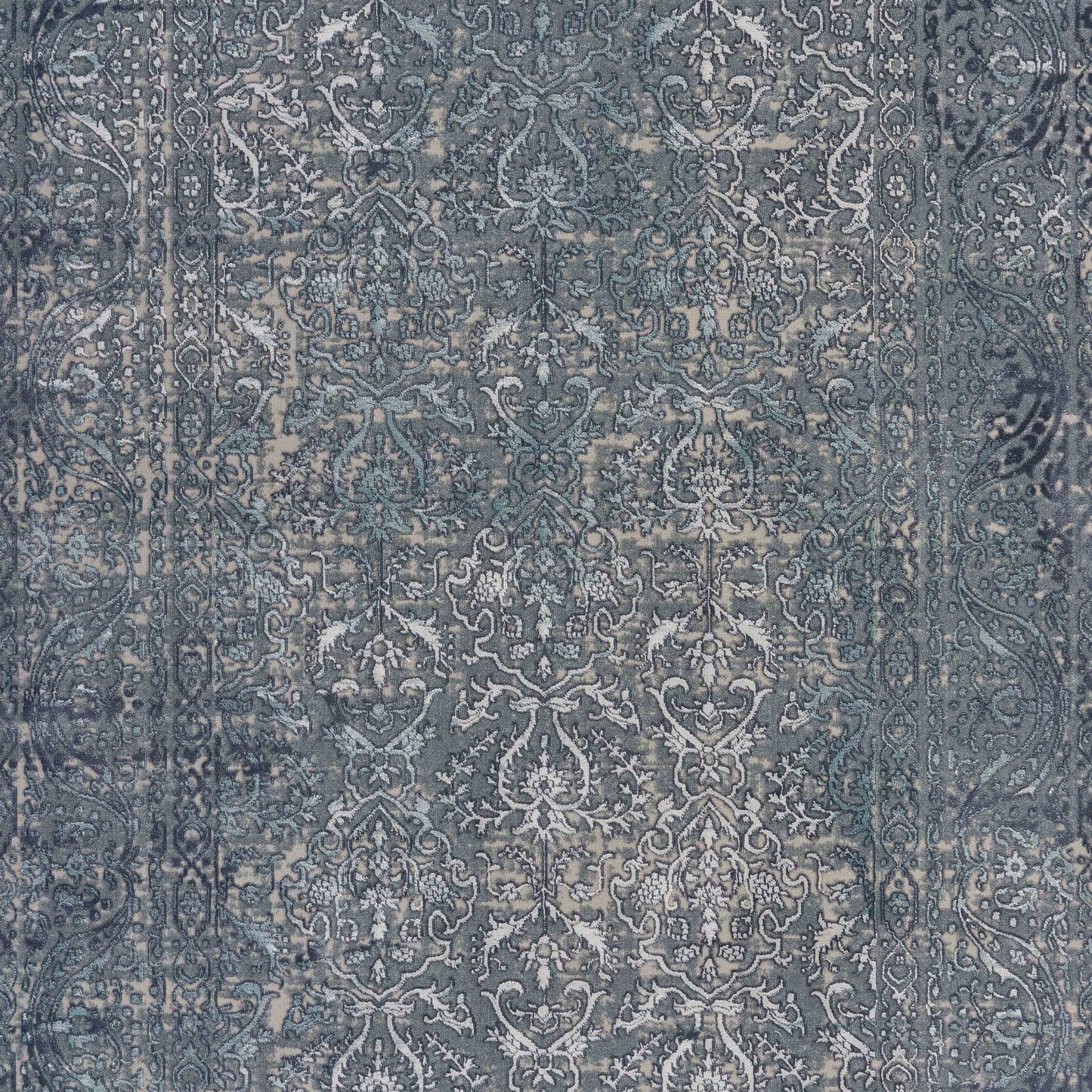 8' X 11' Blue Silver Gray And Cream Damask Distressed Stain Resistant Area Rug