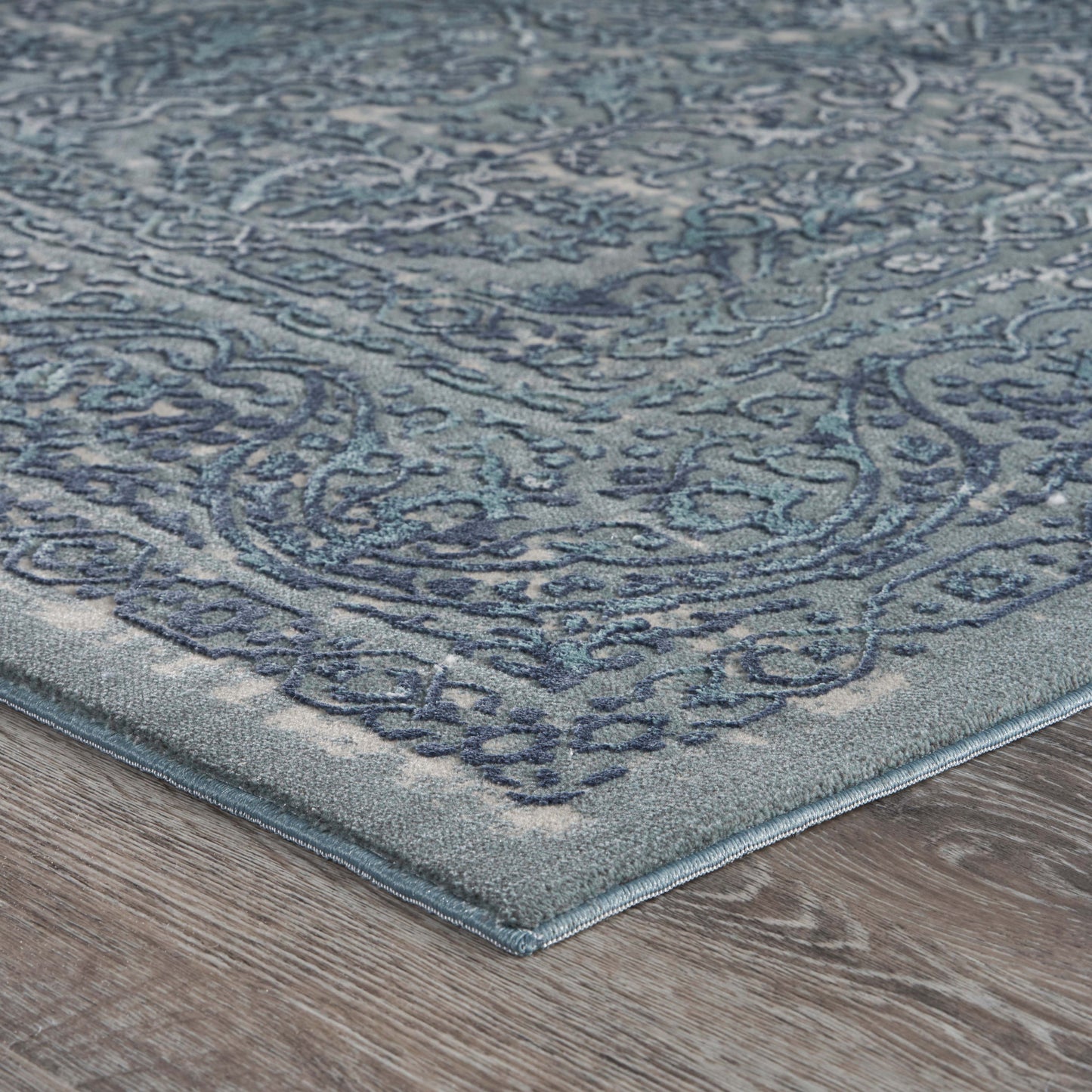 8' X 11' Blue Silver Gray And Cream Damask Distressed Stain Resistant Area Rug