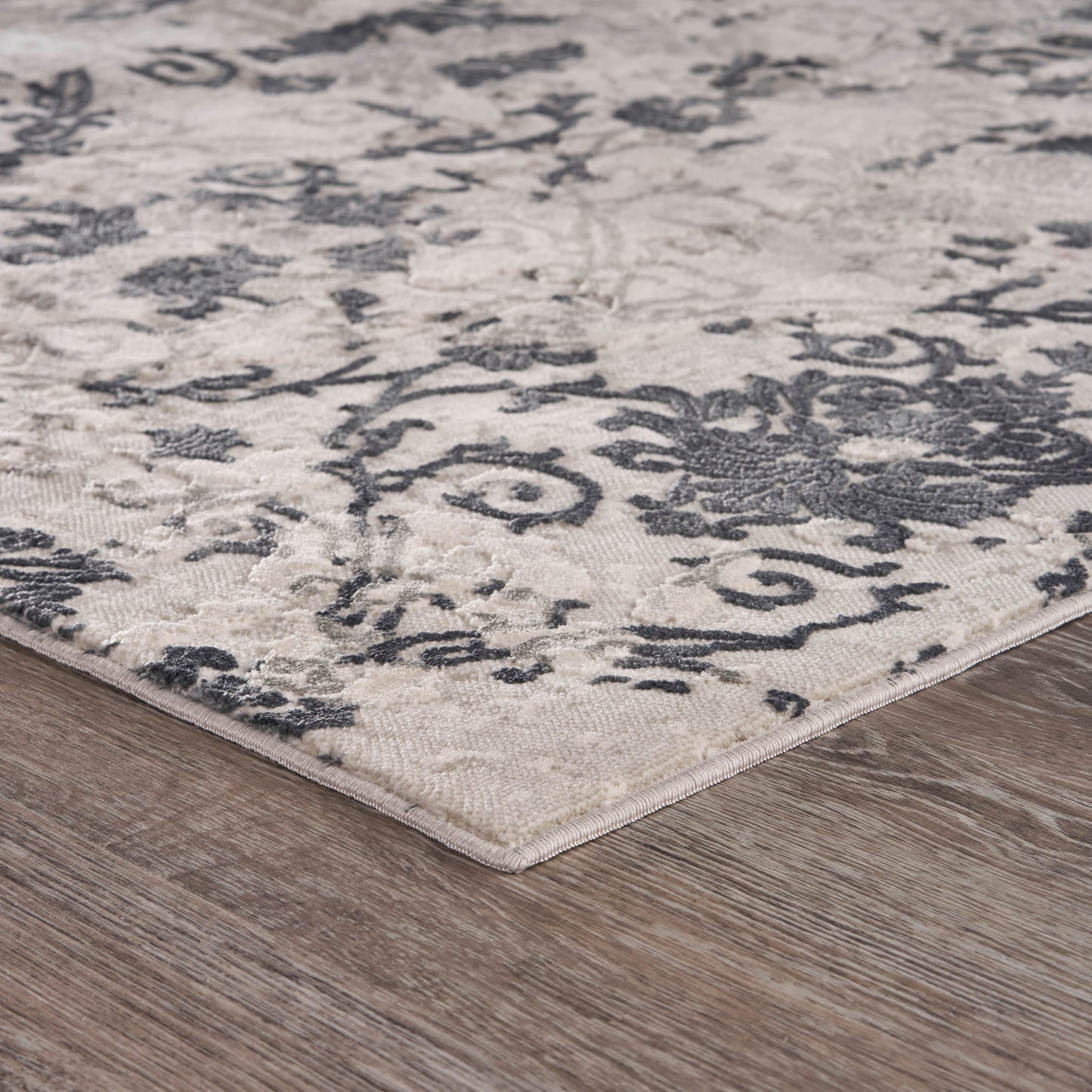 2' X 3' Cream And Gray Damask Stain Resistant Area Rug
