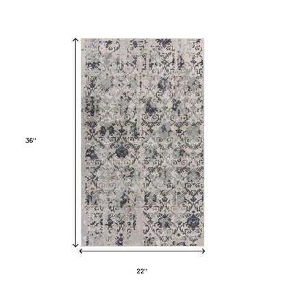 2' X 3' Cream And Gray Damask Stain Resistant Area Rug