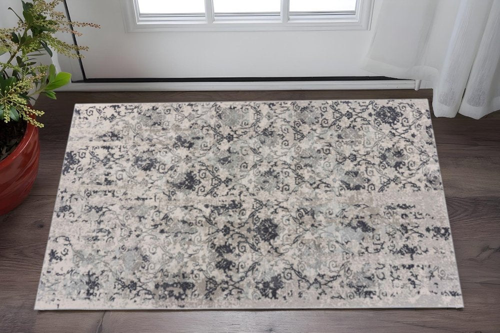 2' X 3' Cream And Gray Damask Stain Resistant Area Rug