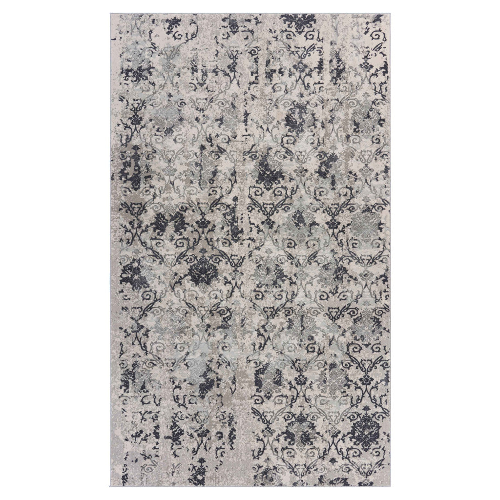 10' X 13' Cream And Gray Damask Stain Resistant Area Rug