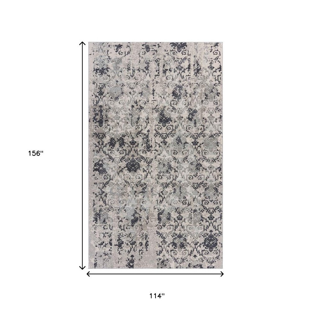 10' X 13' Cream And Gray Damask Stain Resistant Area Rug