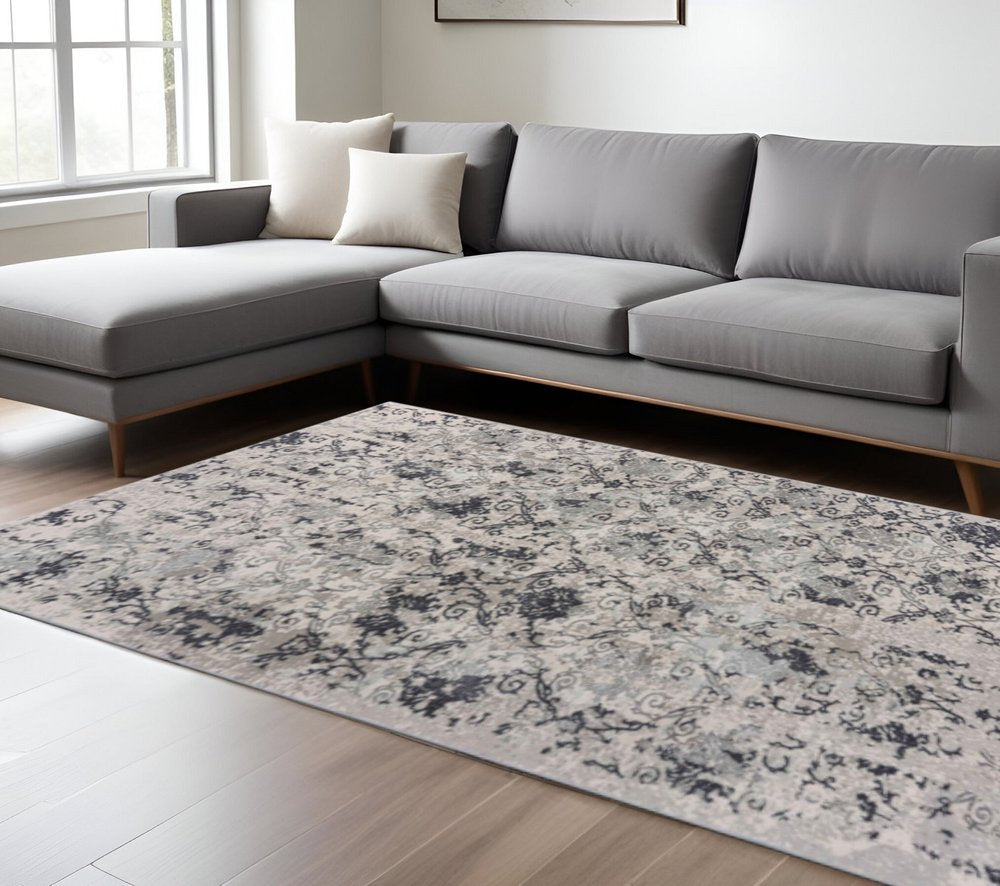 10' X 13' Cream And Gray Damask Stain Resistant Area Rug