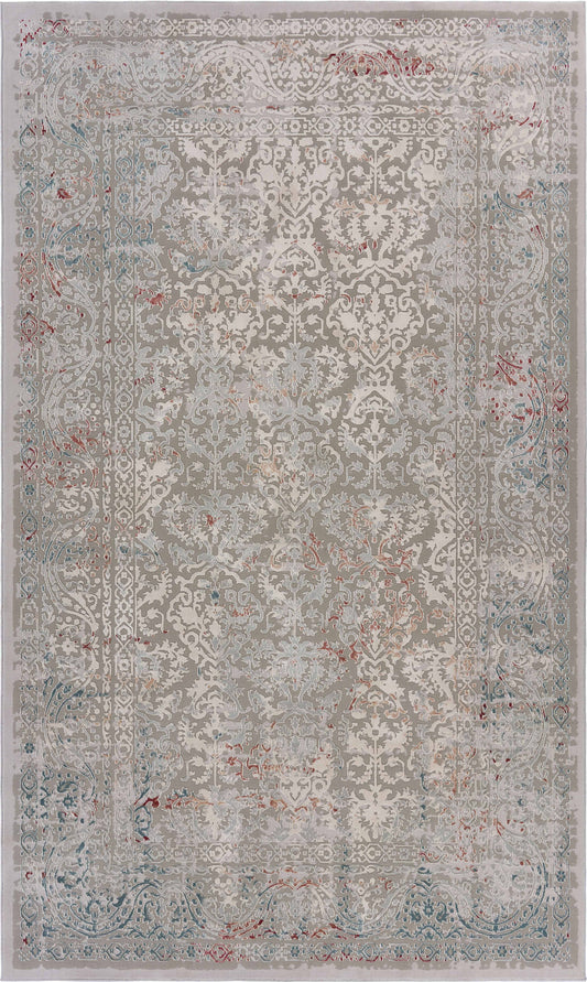 2' X 3' Gray Ivory Slate Blue And Wine Red Abstract Distressed Stain Resistant Area Rug