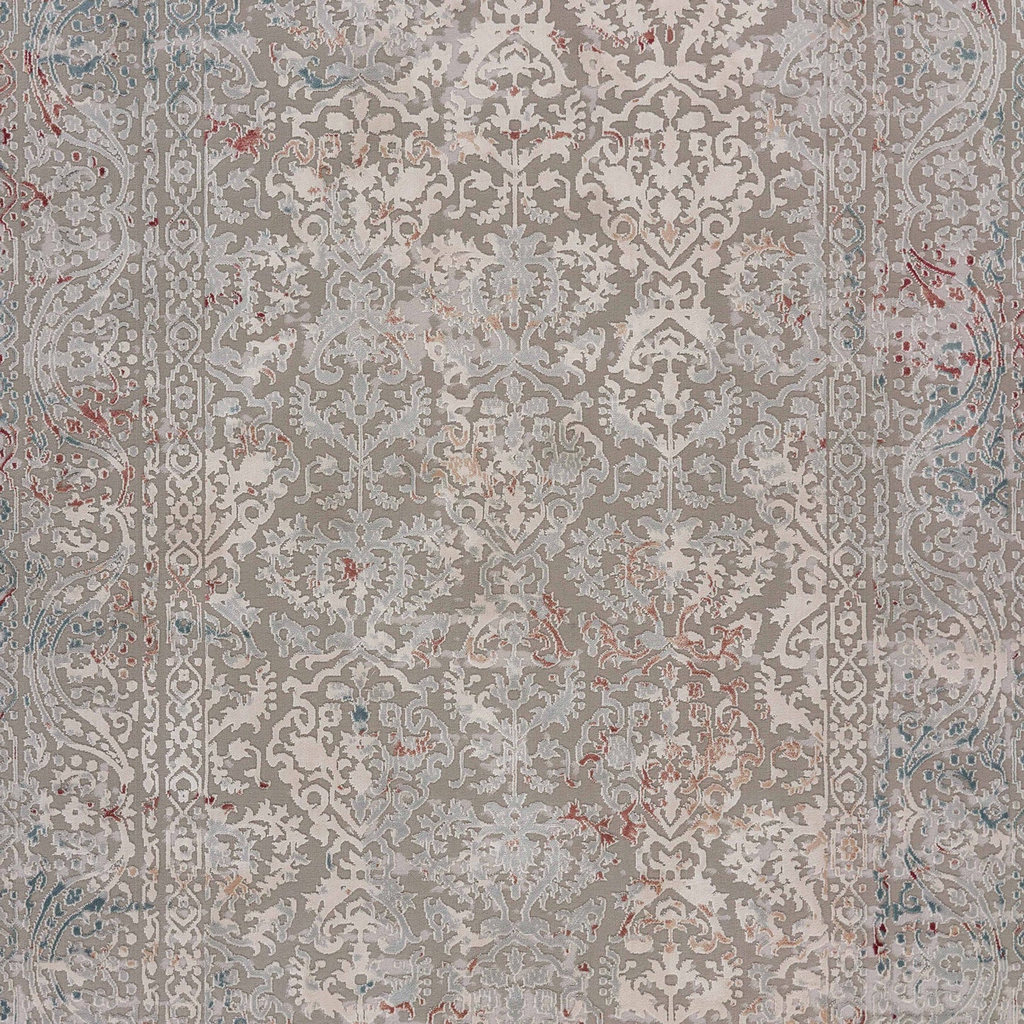 2' X 3' Gray Ivory Slate Blue And Wine Red Abstract Distressed Stain Resistant Area Rug