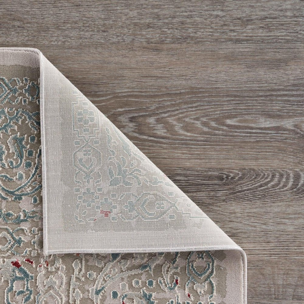 2' X 3' Gray Ivory Slate Blue And Wine Red Abstract Distressed Stain Resistant Area Rug