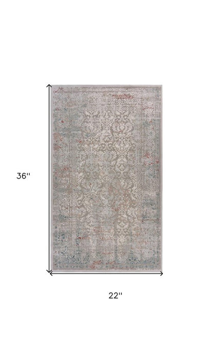 2' X 3' Gray Ivory Slate Blue And Wine Red Abstract Distressed Stain Resistant Area Rug