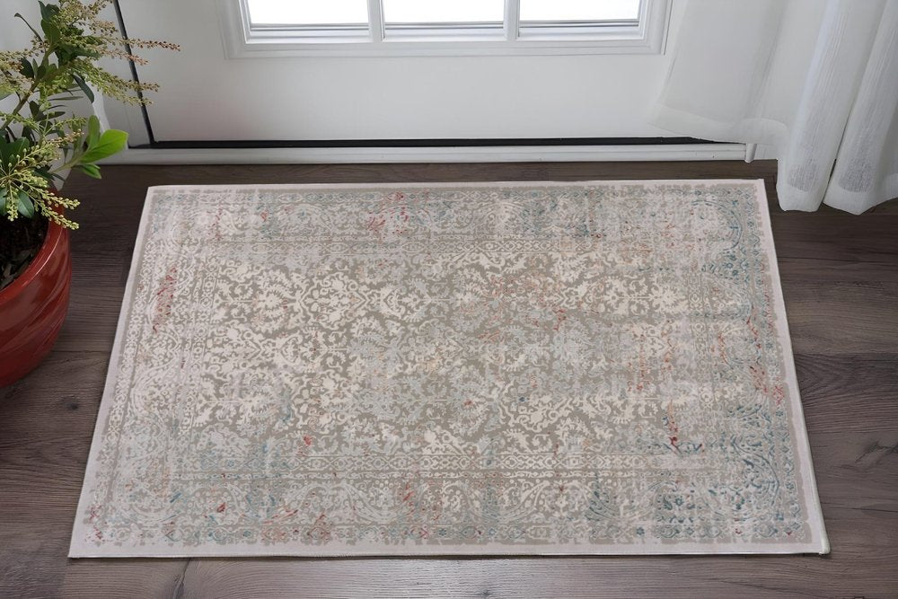 2' X 3' Gray Ivory Slate Blue And Wine Red Abstract Distressed Stain Resistant Area Rug