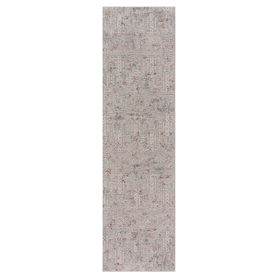 8' Gray Ivory Slate Blue And Wine Red Geometric Distressed Runner Rug