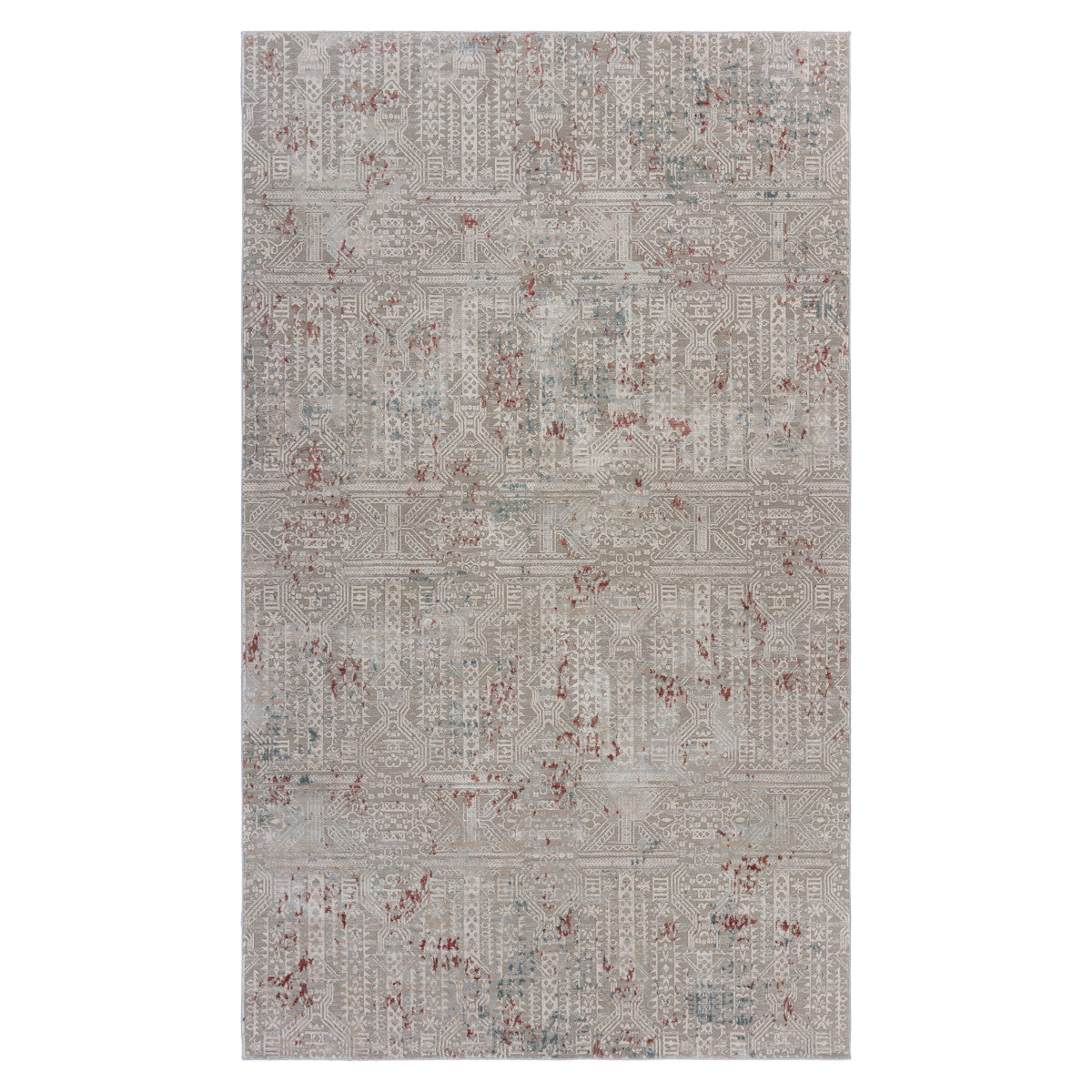 5' X 8' Gray Ivory Slate Blue And Wine Red Geometric Stain Resistant Area Rug