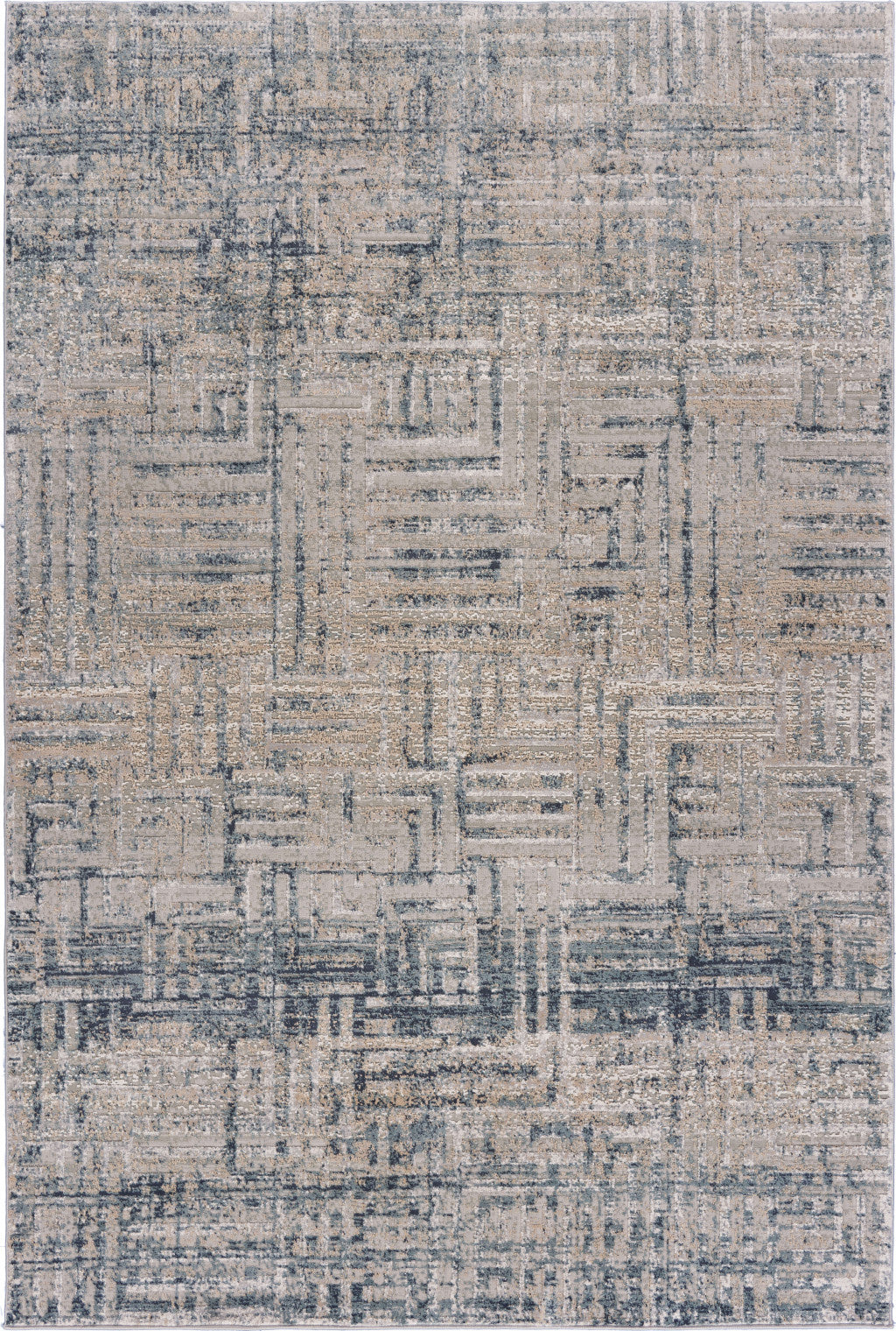 8' X 11' Cream Blue And Ivory Geometric Distressed Stain Resistant Area Rug