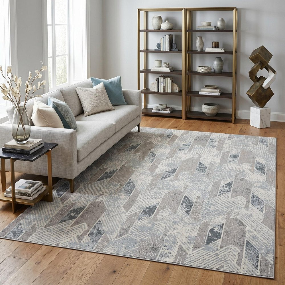 2' X 3' Gray Blue And Cream Geometric Distressed Stain Resistant Area Rug