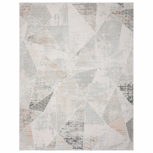 9' X 12' Gray Blue Taupe And Cream Geometric Distressed Stain Resistant Area Rug