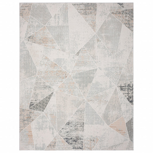 9 X 12' Gray Blue Taupe And Cream Geometric Distressed Stain Resistant Area Rug