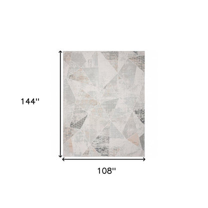 9' X 12' Gray Blue Taupe And Cream Geometric Distressed Stain Resistant Area Rug