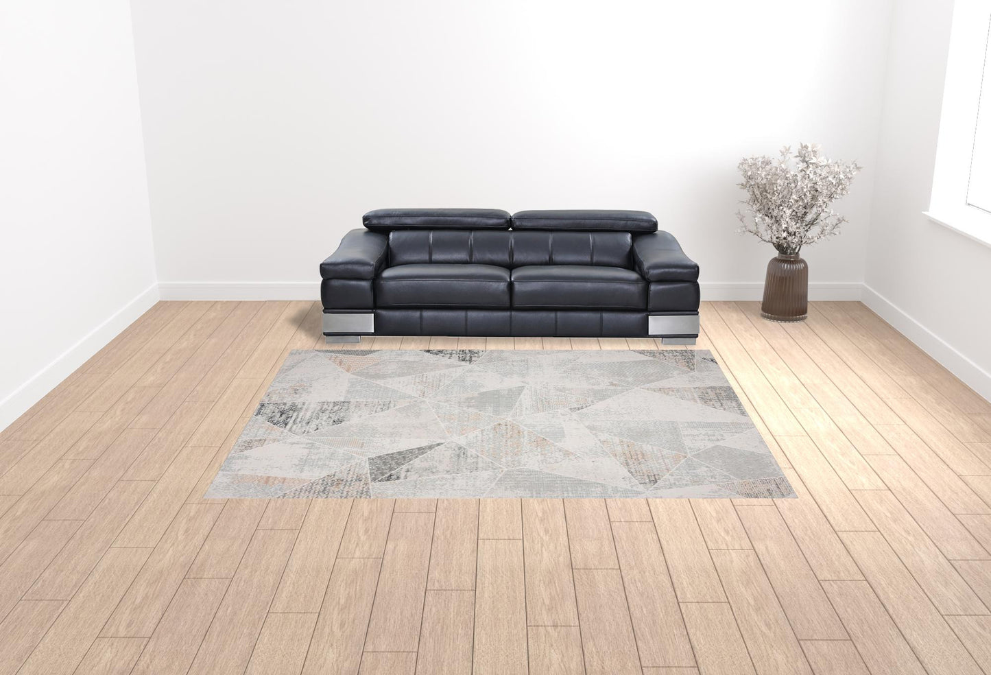 9' X 12' Gray Blue Taupe And Cream Geometric Distressed Stain Resistant Area Rug