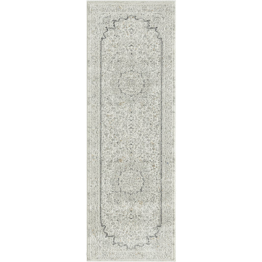 2' X 6' Ivory and Gray Floral Medallion Power Loom Stain Resistant Area Rug