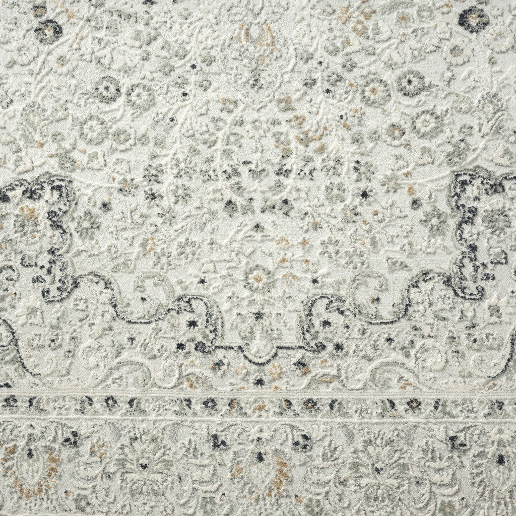 2' X 6' Ivory and Gray Floral Medallion Power Loom Stain Resistant Area Rug