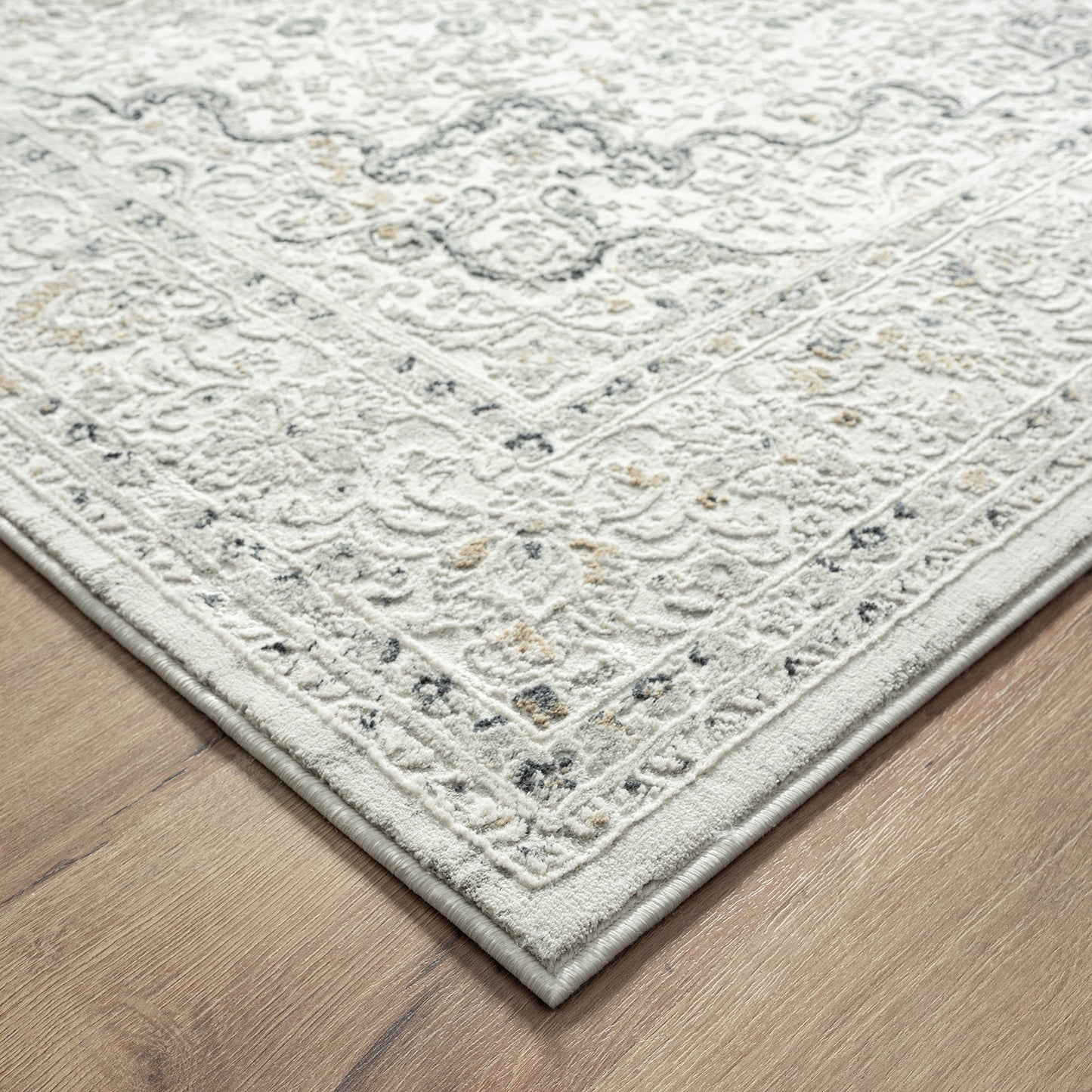 4' X 6' Ivory and Gray Floral Medallion Stain Resistant Area Rug