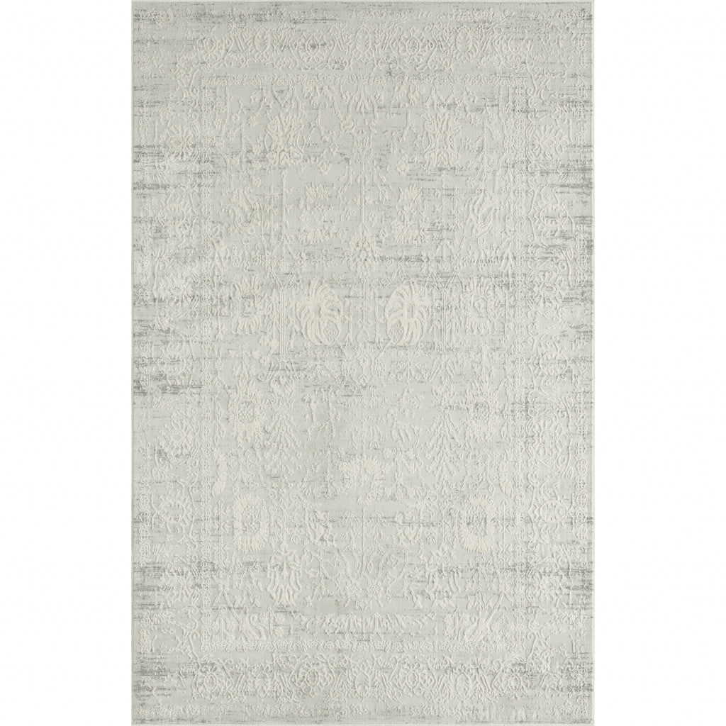 5' X 8' Ivory And Gray Floral Power Loom Distressed Stain Resistant Area Rug