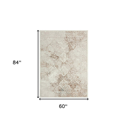 5' X 7' Beige Cream And Brown Damask Stain Resistant Area Rug