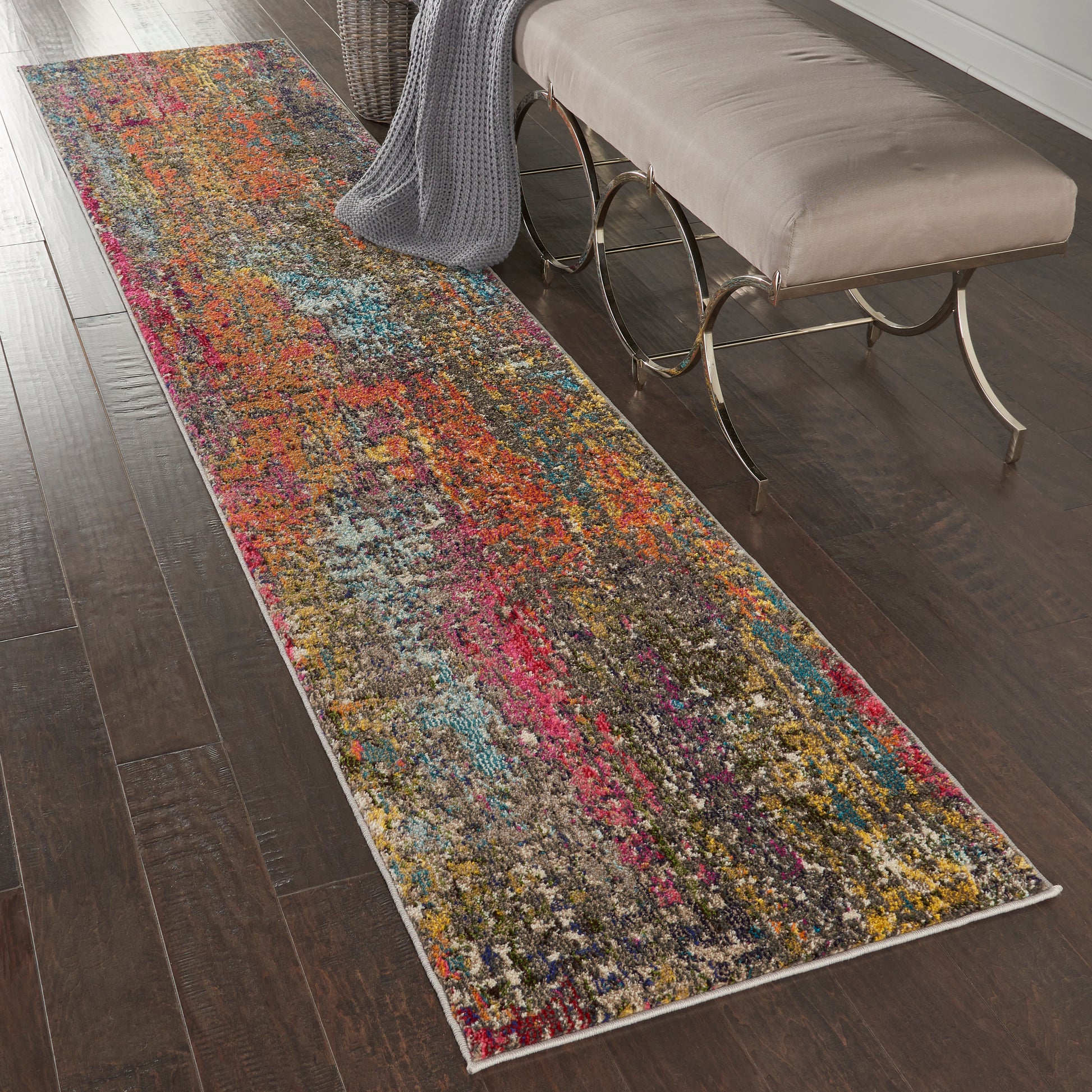 Long multicolor abstract-pattern rug runner on dark wood floor; contemporary, soft pile, versatile decor.