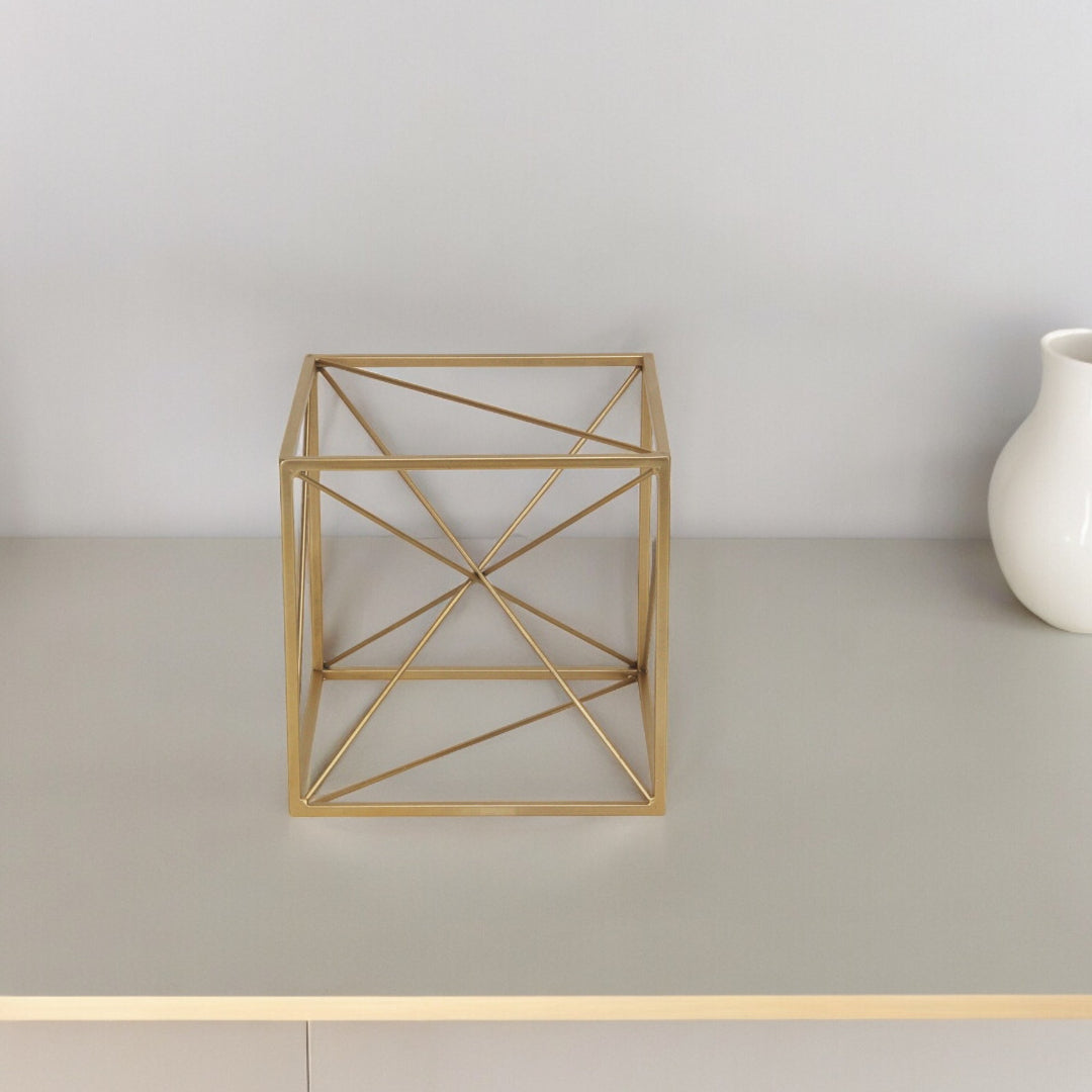 8" Gold Metal Abstract Geo Cube Sculpture