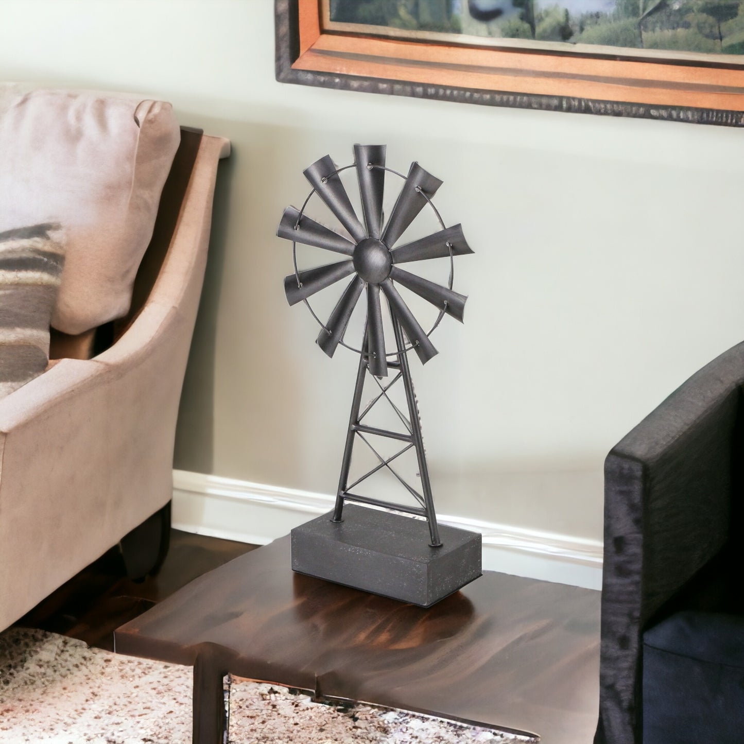 21" Gray Metal Windmill Hand Painted Sculpture