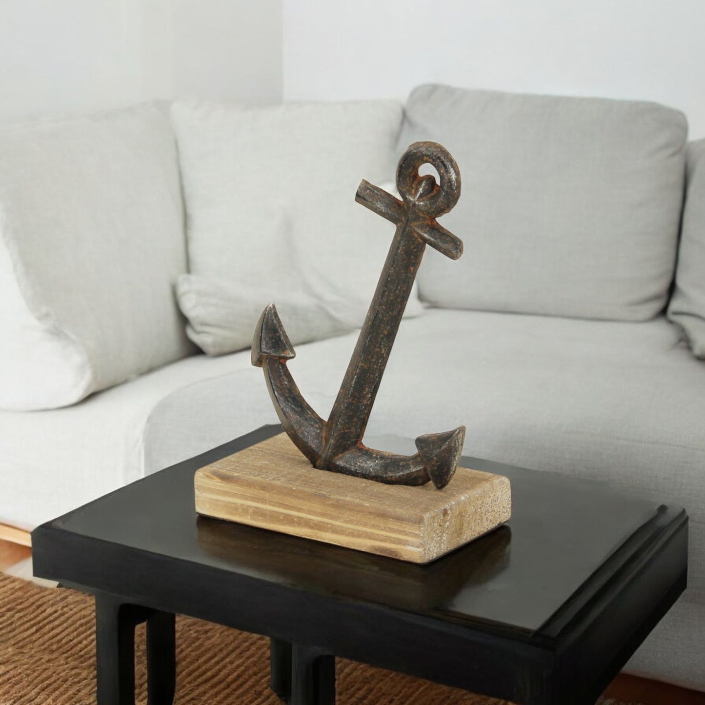 8" Gray Cast Iron Anchor on a Wood Base Sculpture