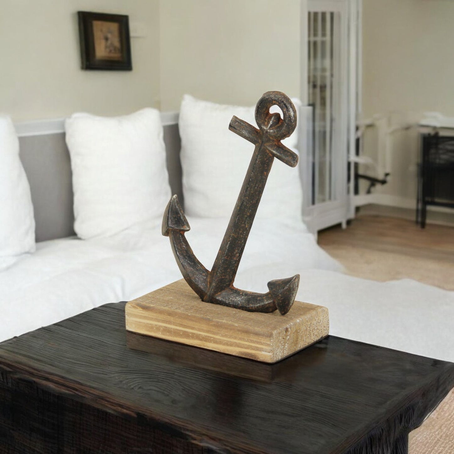 8" Gray Cast Iron Anchor on a Wood Base Sculpture