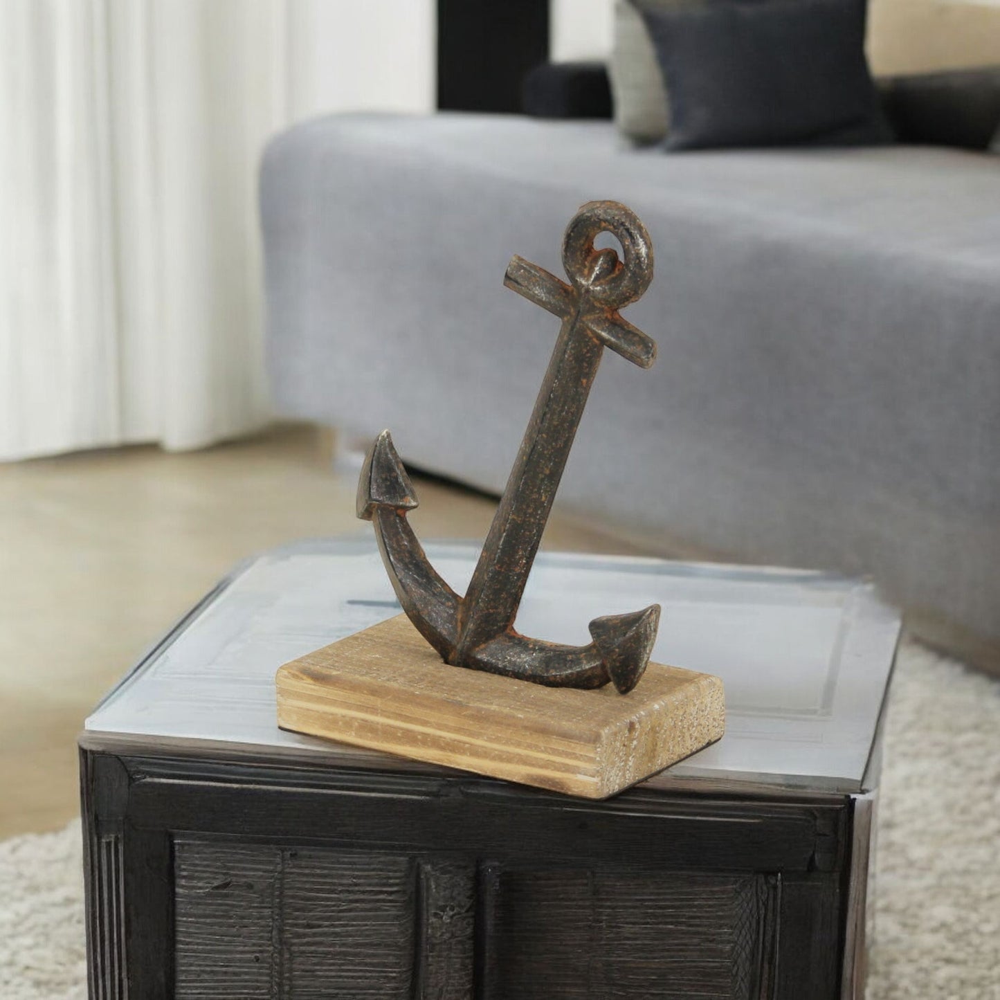 8" Gray Cast Iron Anchor on a Wood Base Sculpture