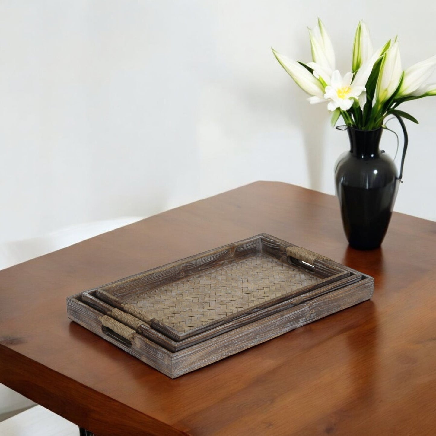 Set of Three Brown Rectangular Wood Handmade Serving Tray With Handles