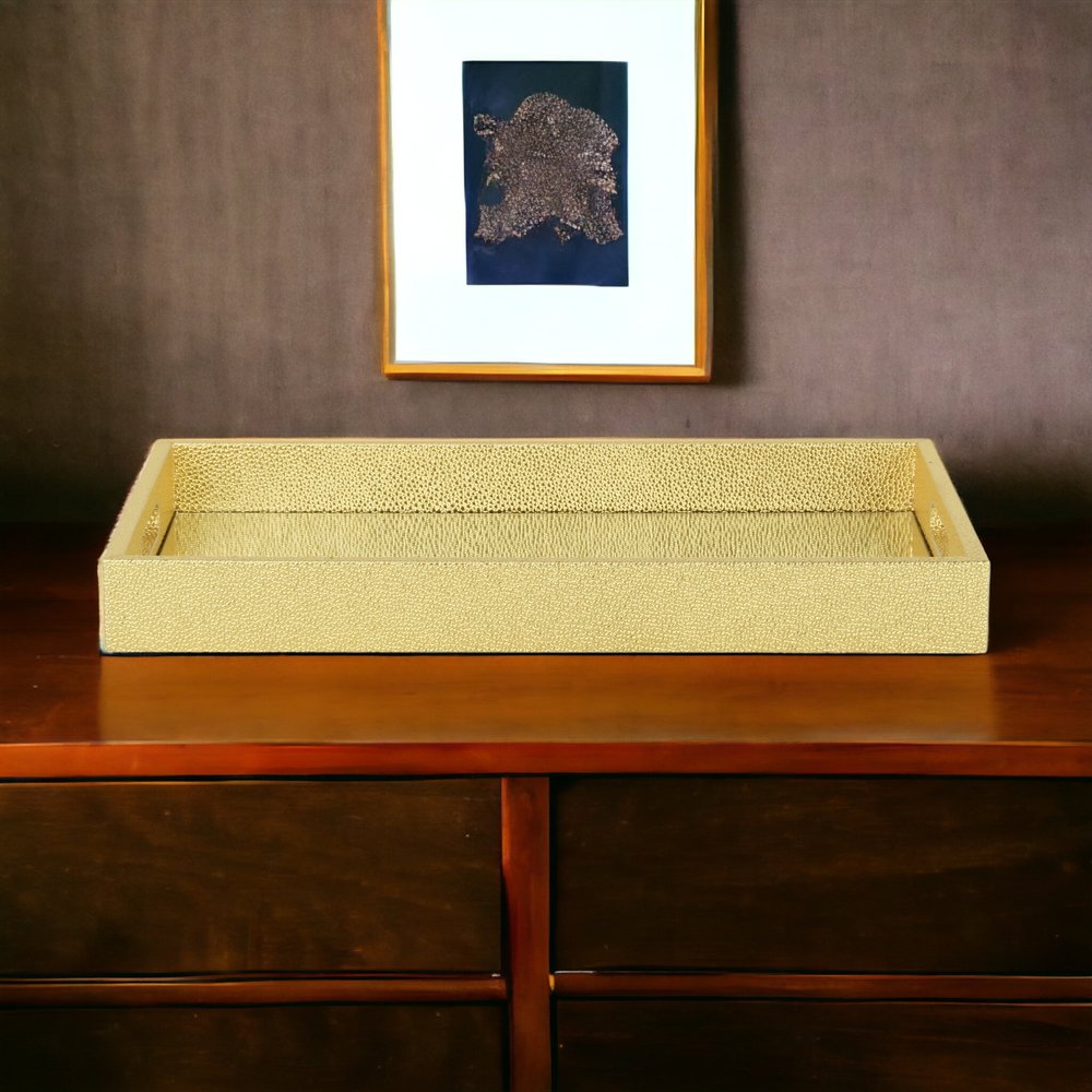 16" Gold Rectangular Wood Handmade Tray With Handles