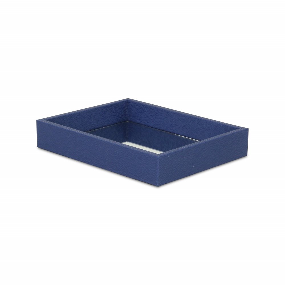 10" Navy Blue Mirrored Glass And Wood Faux Shagreen Vanity Tray