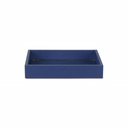 10" Navy Blue Mirrored Glass And Wood Faux Shagreen Vanity Tray