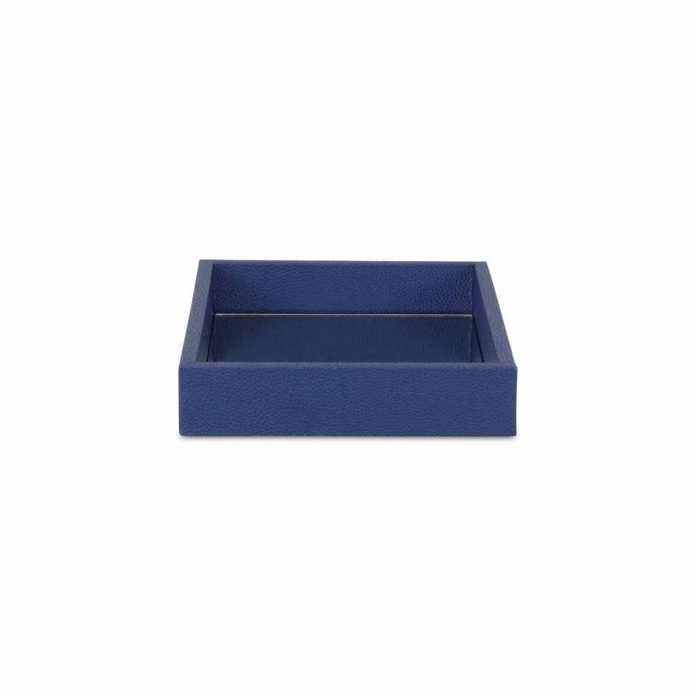 10" Navy Blue Mirrored Glass And Wood Faux Shagreen Vanity Tray