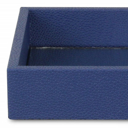 10" Navy Blue Mirrored Glass And Wood Faux Shagreen Vanity Tray