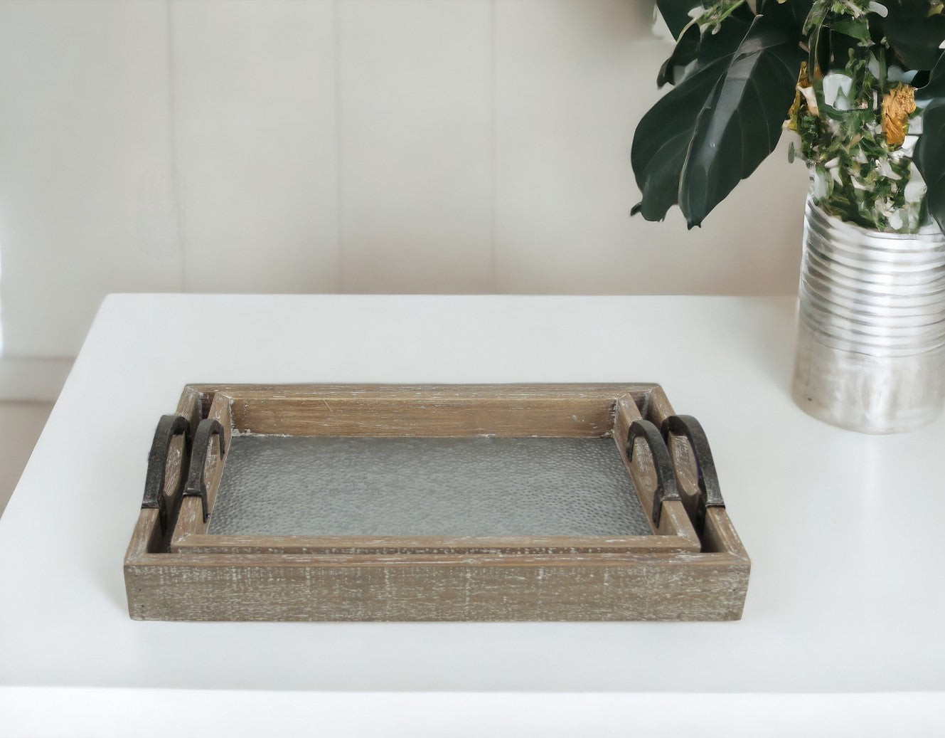 19" Gray Rectangular Metal Handmade Tray With Handles