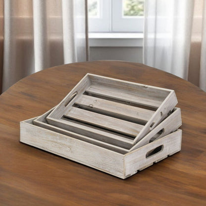19" Gray Rectangular Wood Handmade Tray With Handles
