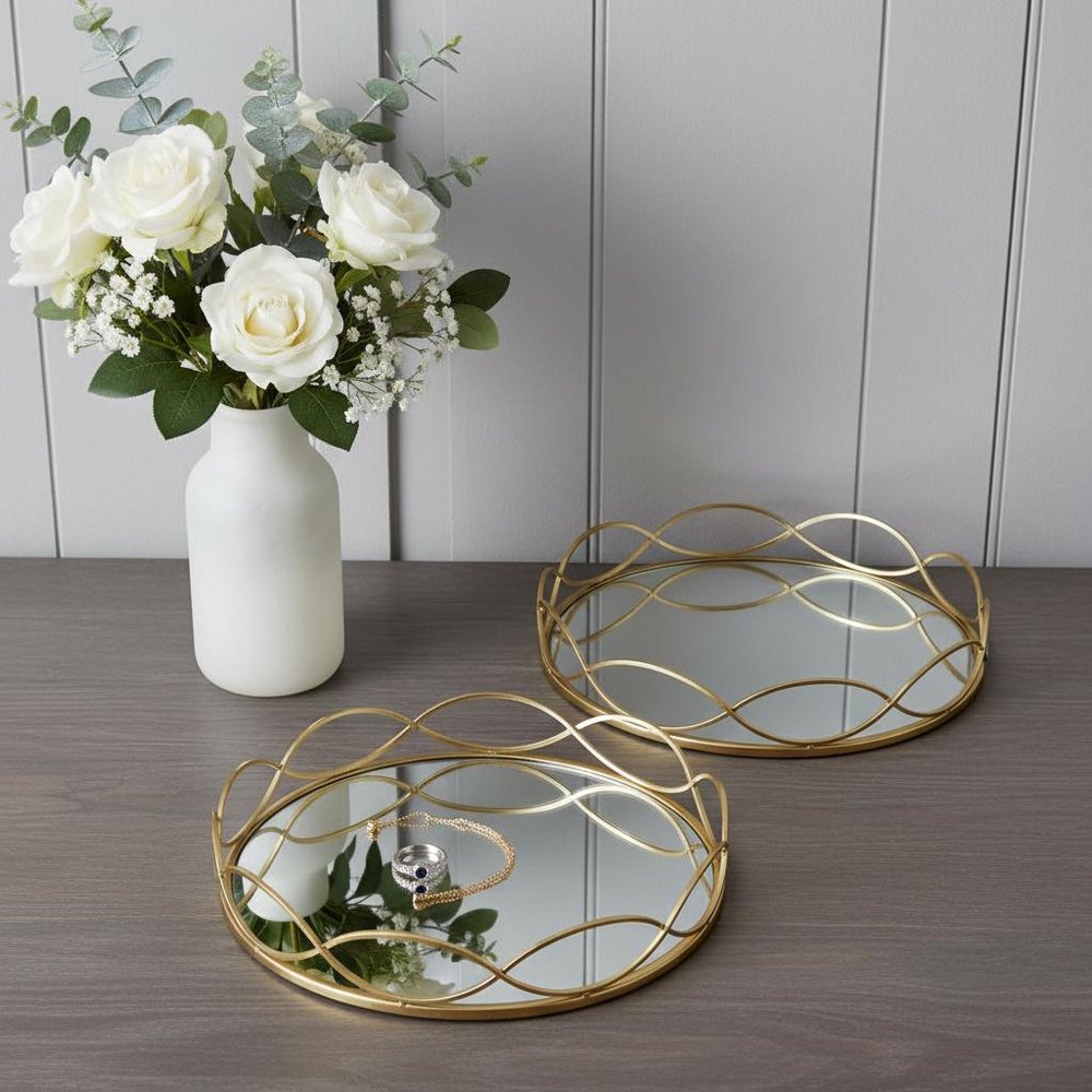 15" Gold Round Metal Handmade Tray With Handles