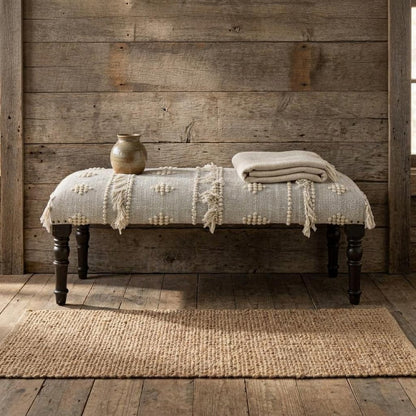47" Cream And Black Abstract Cotton And Solid Wood Upholstered Bench