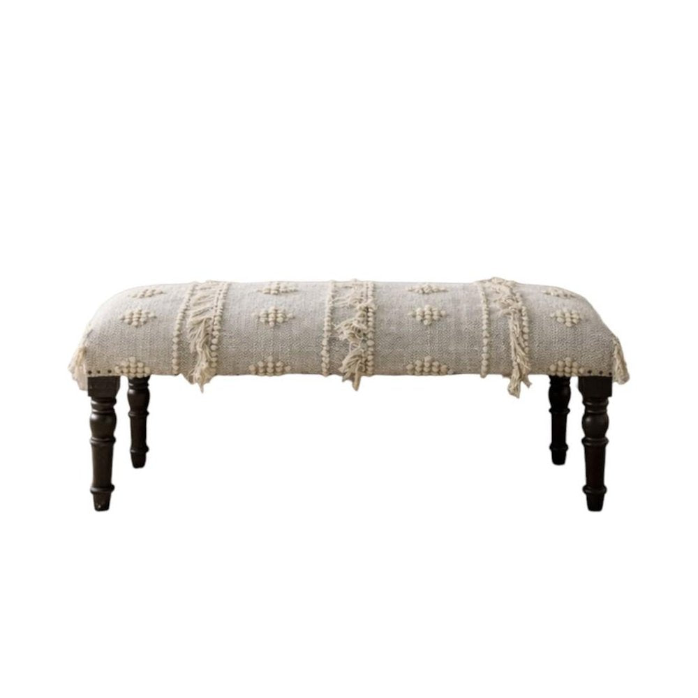 47" Cream And Black Abstract Cotton And Solid Wood Upholstered Bench